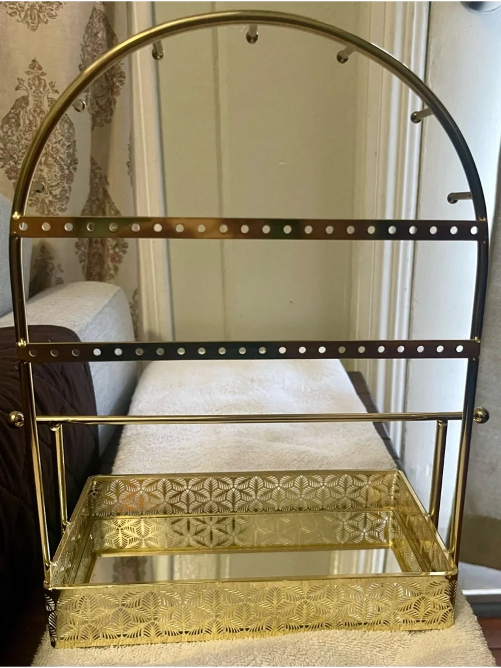 Gold Jewelry Organizer Vanity Stand with Mirrored Tray